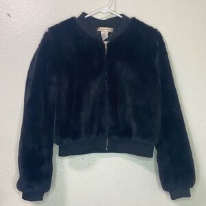 Flying Tomato Black Faux Fur Bomber Jacket Womens Size Large Cropped Zip Up